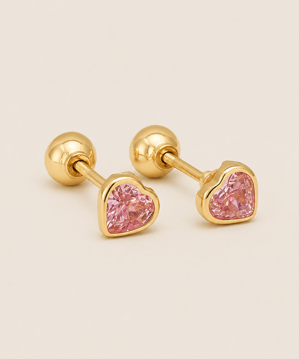 ARETES ABRIDORES CORAZÓN ROSADO REVERSIBLE 18K