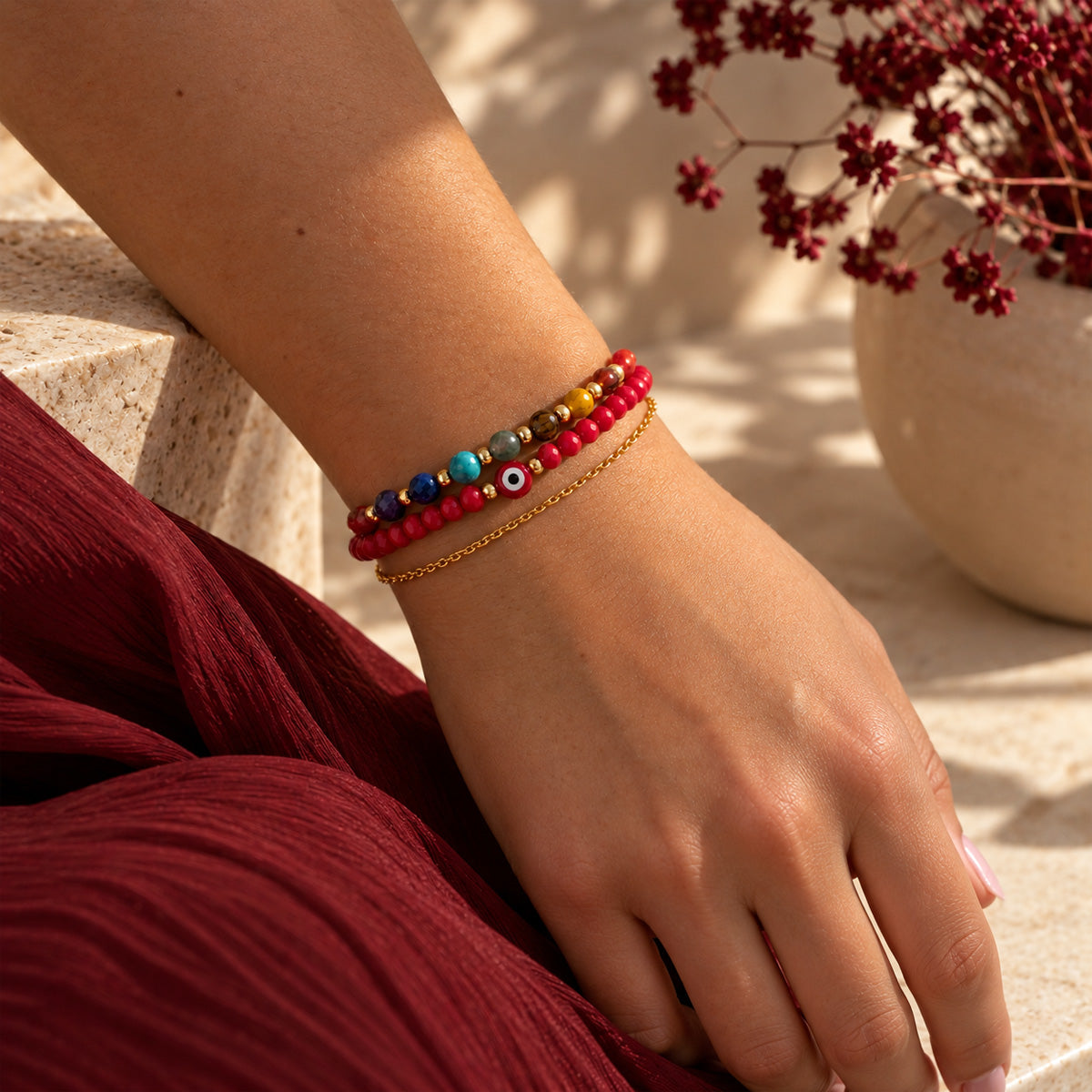 PULSERA SIETE CHAKRAS Y OJO TURCO