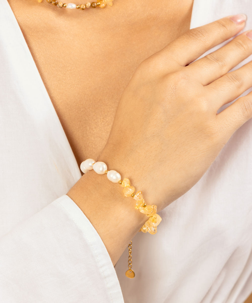 Pulsera Citrino y Perlas de Río | acero inoxidable | piedra natural | Mellany Joyas
