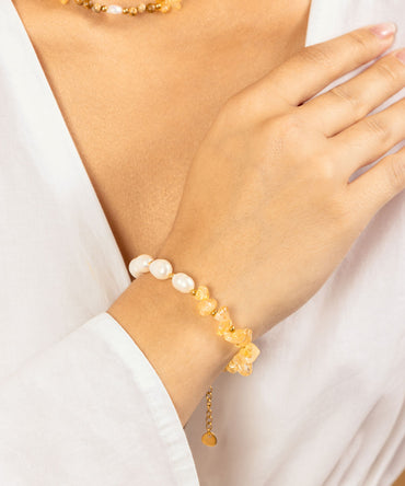 Pulsera Citrino y Perlas de Río | acero inoxidable | piedra natural | Mellany Joyas