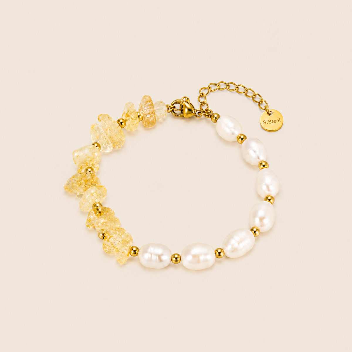 PULSERA CITRINO Y PERLAS DE RÍO