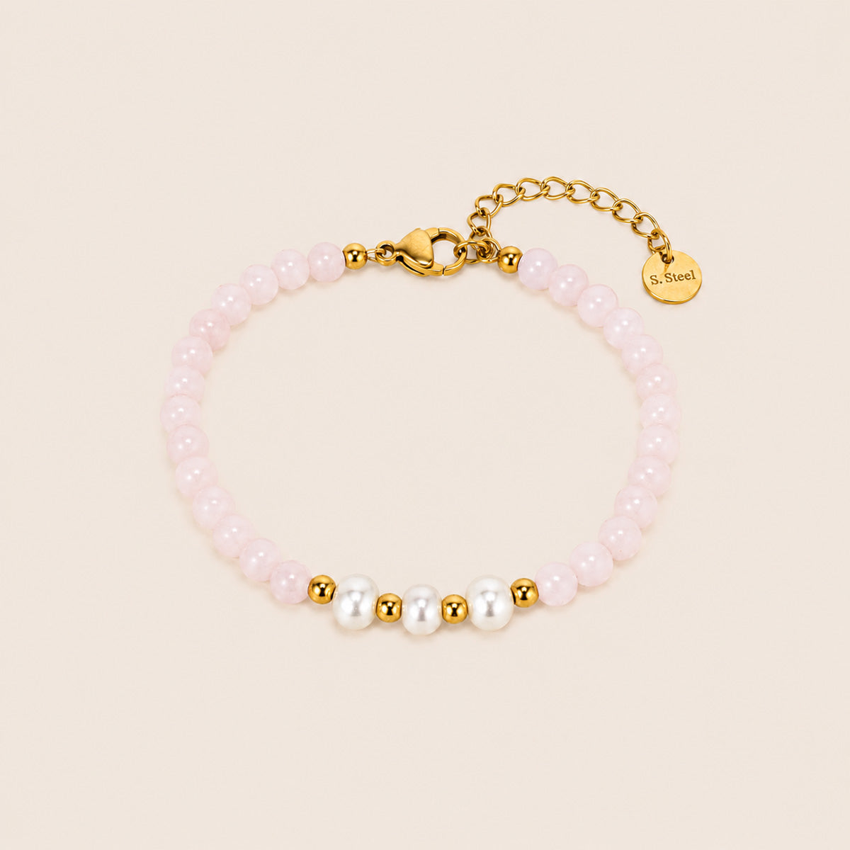 PULSERA CUARZO ROSA Y PERLAS DE RÍO