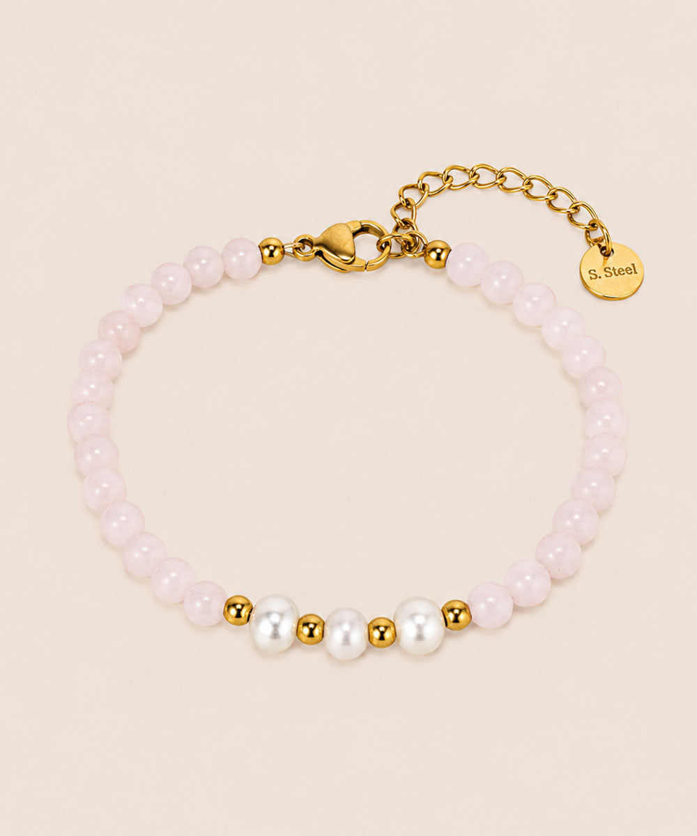 PULSERA CUARZO ROSA Y PERLAS DE RÍO